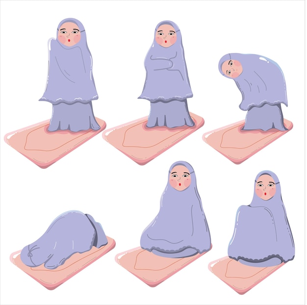 Vector conjunto completo de la guía de la posición de oración musulmana paso a paso