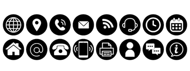 Conjunto completo de iconos de contacto circulares en blanco y negro que ofrecen comunicación esencial