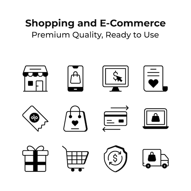 Este conjunto completo de iconos cubre todas sus necesidades de compras en línea
