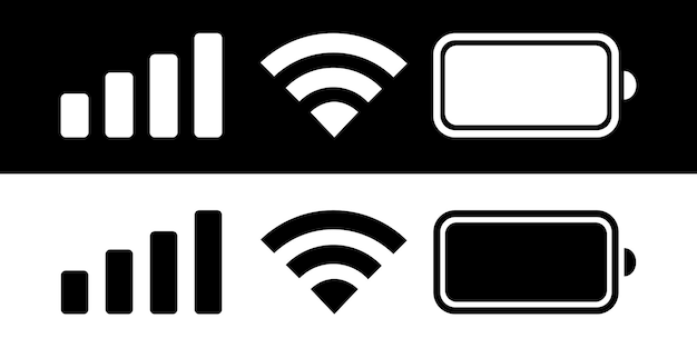 Conjunto completo de iconos de dispositivos móviles, incluida la intensidad de la señal y la conectividad WiFi
