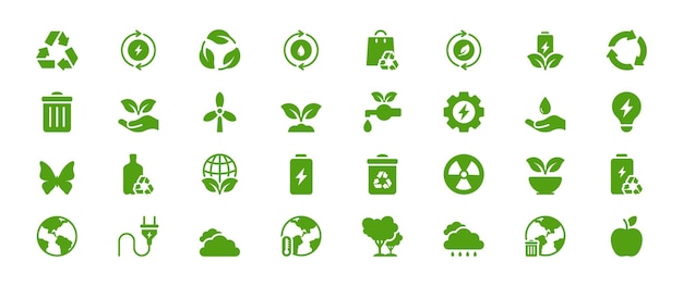 Un conjunto completo de iconos ecológicos con símbolos de medio ambiente natural y reciclaje