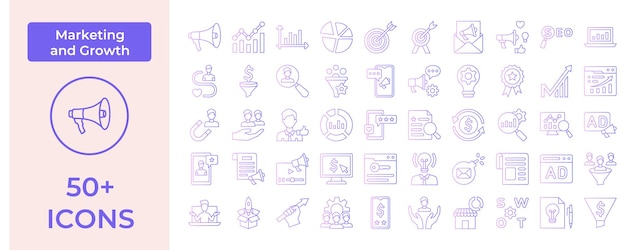 Conjunto completo de iconos de marketing y crecimiento con herramientas y estrategias esenciales para el mercado digital