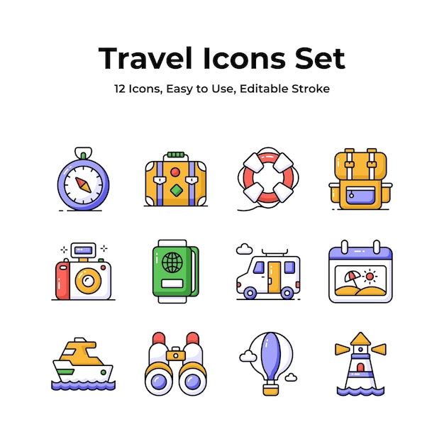 Un conjunto completo de iconos de viaje con una maleta de cámara de brújula de mochila y un minibus