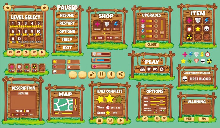 Vector conjunto completo de interfaz gráfica de usuario para crear juegos y aplicaciones