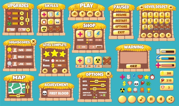 Conjunto completo de interfaz gráfica de usuario para crear juegos y aplicaciones