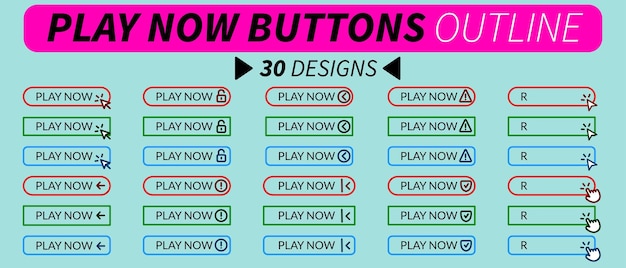 Conjunto completo de juegos profesionales ahora botones con puntero de mano puntero de flecha y otros iconos relacionan