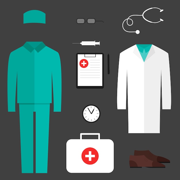 Vector conjunto completo de ropa médica.