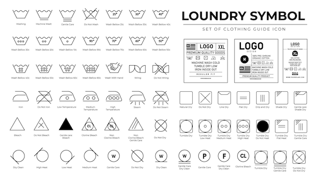Conjunto completo de símbolos de lavandería e instrucciones de cuidado de la ropa