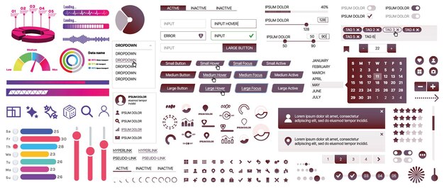 Un conjunto de componentes de interfaz de usuario para aplicaciones móviles y sitios web botones forma iconos menús paneles