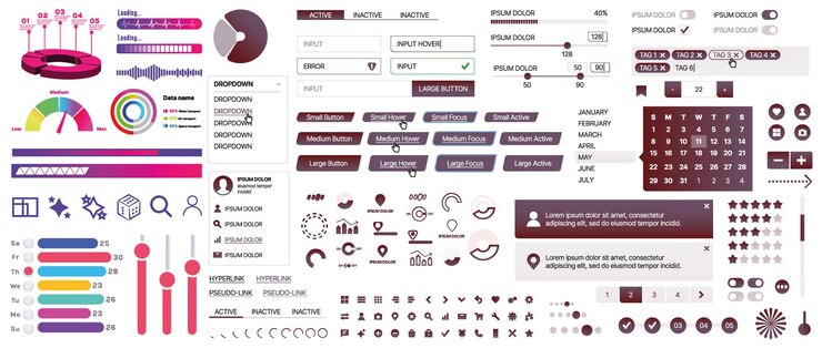 Vector un conjunto de componentes de interfaz de usuario para aplicaciones móviles y sitios web botones forma iconos menús paneles