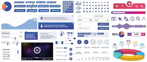 Un conjunto de componentes de interfaz de usuario para aplicaciones móviles y sitios web botones forma iconos menús paneles