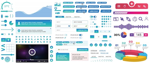 Un conjunto de componentes de interfaz de usuario para aplicaciones móviles y sitios web botones forma iconos menús paneles