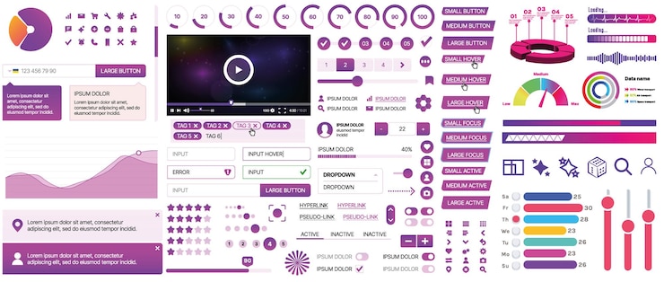 Vector un conjunto de componentes de interfaz de usuario para aplicaciones móviles y sitios web botones forma iconos menús paneles