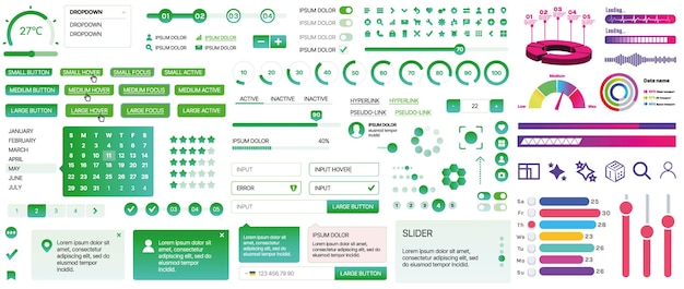 Un conjunto de componentes de interfaz de usuario para aplicaciones móviles y sitios web botones forma iconos menús paneles