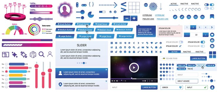 Vector un conjunto de componentes de interfaz de usuario para aplicaciones móviles y sitios web botones forma iconos menús paneles