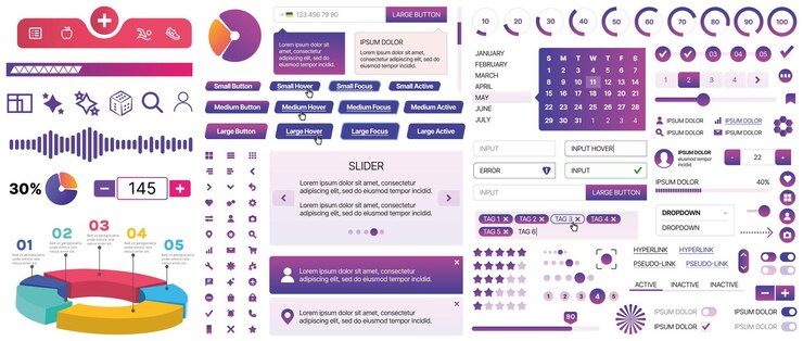 Vector un conjunto de componentes de interfaz de usuario para aplicaciones móviles y sitios web botones forma iconos menús paneles