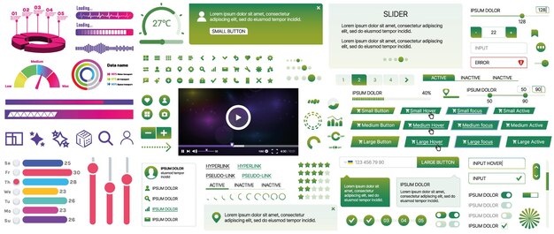 Un conjunto de componentes de interfaz de usuario para aplicaciones móviles y sitios web botones forma iconos menús paneles