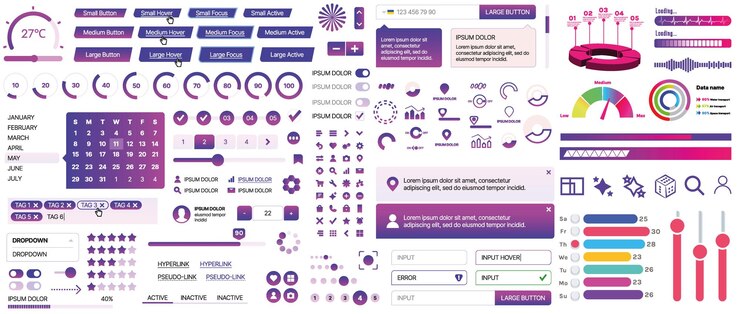 Vector un conjunto de componentes de interfaz de usuario para aplicaciones móviles y sitios web botones forma iconos menús paneles