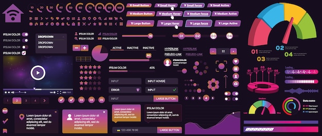 Un conjunto de componentes de interfaz de usuario para aplicaciones móviles y sitios web Incluye botones paneles menús deslizadores y gráficos