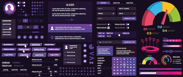 Un conjunto de componentes de interfaz de usuario para aplicaciones móviles y sitios web Incluye botones paneles menús deslizadores y gráficos