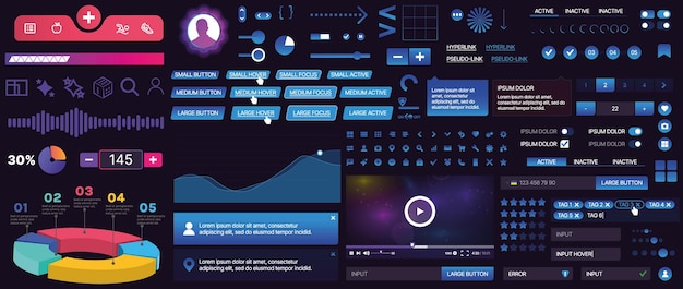 Un conjunto de componentes de interfaz de usuario para aplicaciones móviles y sitios web Incluye botones paneles menús deslizadores y gráficos