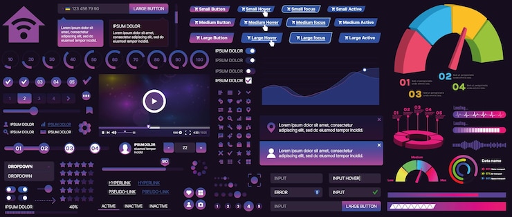 Vector un conjunto de componentes de interfaz de usuario para aplicaciones móviles y sitios web incluye botones paneles menús deslizadores y gráficos