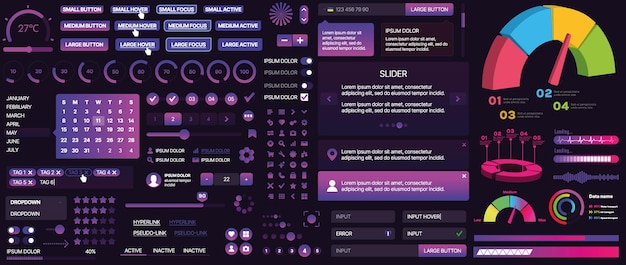 Un conjunto de componentes de interfaz de usuario para aplicaciones móviles y sitios web Incluye botones paneles menús deslizadores y gráficos