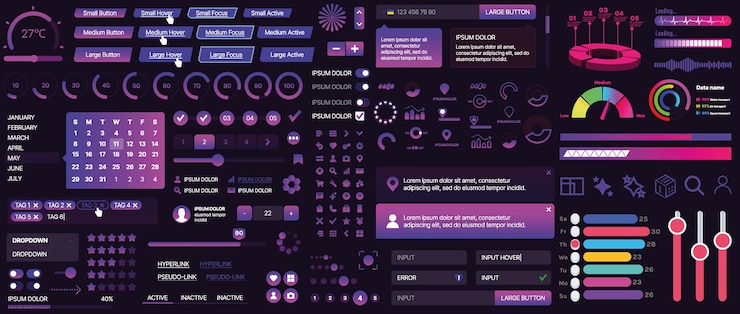 Vector un conjunto de componentes de interfaz de usuario para aplicaciones móviles y sitios web incluye botones paneles menús deslizadores y gráficos