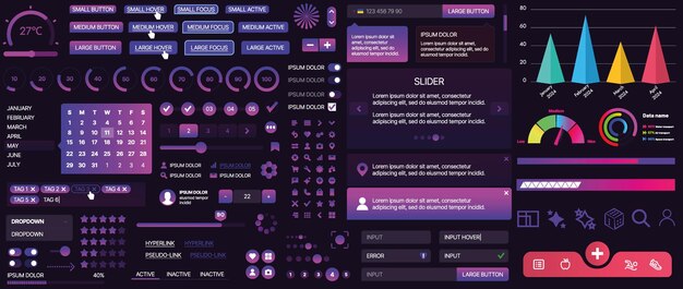 Un conjunto de componentes de interfaz de usuario para aplicaciones móviles y sitios web Incluye botones paneles menús deslizadores y gráficos