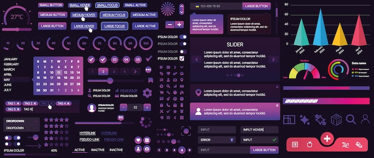 Vector un conjunto de componentes de interfaz de usuario para aplicaciones móviles y sitios web incluye botones paneles menús deslizadores y gráficos