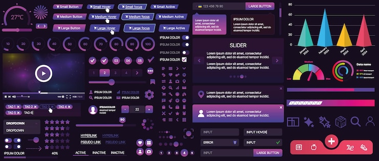 Vector un conjunto de componentes de interfaz de usuario para aplicaciones móviles y sitios web incluye botones paneles menús deslizadores y gráficos