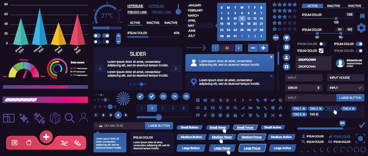 Vector un conjunto de componentes de interfaz de usuario para aplicaciones móviles y sitios web incluye botones paneles menús deslizadores y gráficos