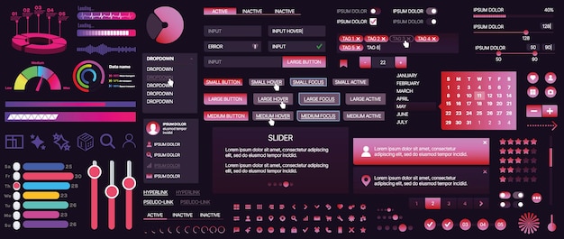 Un conjunto de componentes de interfaz de usuario para aplicaciones móviles y sitios web Incluye botones paneles menús deslizadores y gráficos