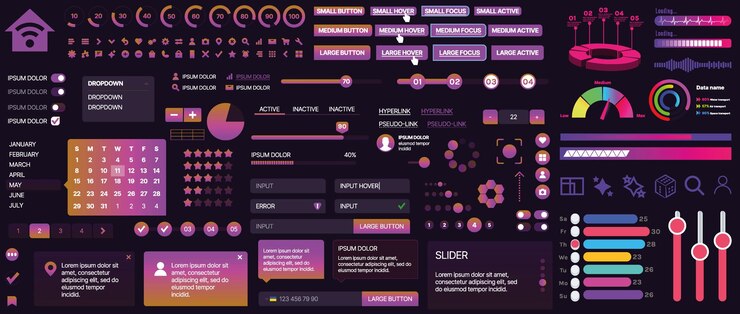 Vector un conjunto de componentes de interfaz de usuario para aplicaciones móviles y sitios web incluye botones paneles menús deslizadores y gráficos