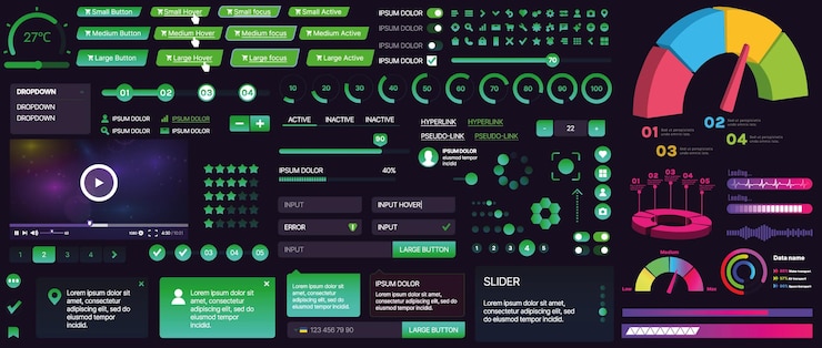 Vector un conjunto de componentes de interfaz de usuario para aplicaciones móviles y sitios web incluye botones paneles menús deslizadores y gráficos