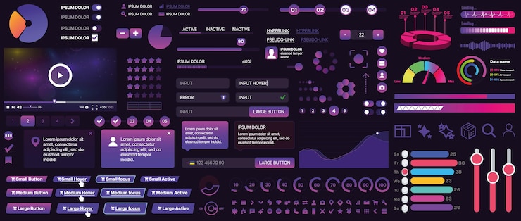 Vector un conjunto de componentes de interfaz de usuario para aplicaciones móviles y sitios web incluye botones paneles menús deslizadores y gráficos