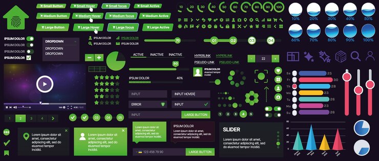 Vector un conjunto de componentes de interfaz de usuario para aplicaciones móviles y sitios web incluye botones paneles menús deslizadores y gráficos