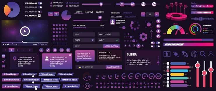 Vector un conjunto de componentes de interfaz de usuario para aplicaciones móviles y sitios web incluye botones paneles menús deslizadores y gráficos