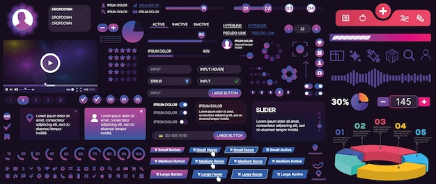 Un conjunto de componentes de interfaz de usuario para aplicaciones móviles y sitios web Incluye botones paneles menús deslizadores y gráficos