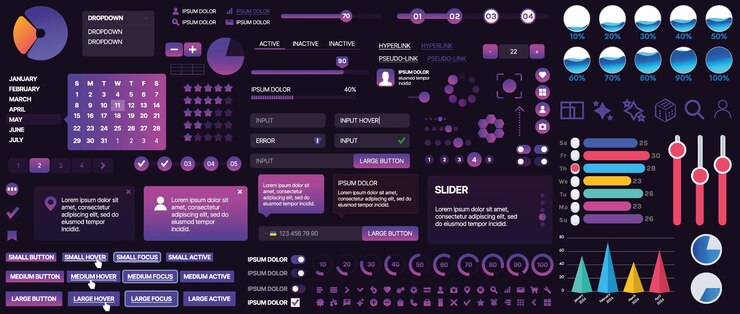 Vector un conjunto de componentes de interfaz de usuario para aplicaciones móviles y sitios web incluye botones paneles menús deslizadores y gráficos