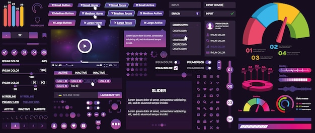 Un conjunto de componentes de interfaz de usuario para aplicaciones móviles y sitios web Incluye botones paneles menús deslizadores y gráficos