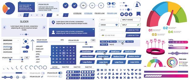 Un conjunto de componentes de interfaz de usuario para aplicaciones móviles y sitios web Incluye botones paneles menús deslizadores y gráficos