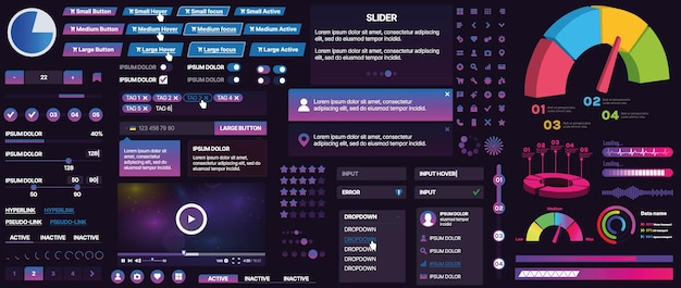 Un conjunto de componentes de interfaz de usuario para aplicaciones móviles y sitios web Incluye botones paneles menús deslizadores y gráficos
