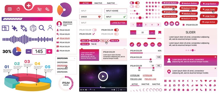 Vector un conjunto de componentes de interfaz de usuario para aplicaciones móviles y sitios web incluye botones paneles menús deslizadores y gráficos