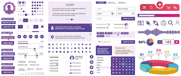 Un conjunto de componentes de interfaz de usuario para aplicaciones móviles y sitios web Incluye botones paneles menús deslizadores y gráficos