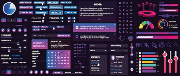 Un conjunto de componentes de interfaz de usuario para aplicaciones móviles y sitios web Incluye botones paneles menús deslizadores y gráficos