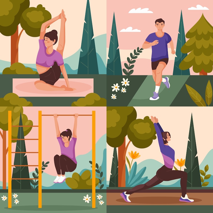 Vector conjunto de composición de dibujos animados dibujados a mano de entrenamiento al aire libre