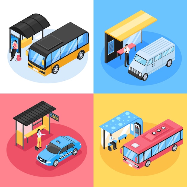 Vector conjunto de composición de dibujos animados isométricos para el transporte público