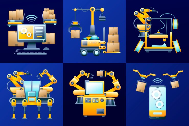 Vector el conjunto de composición de dibujos animados planos de la industria inteligente