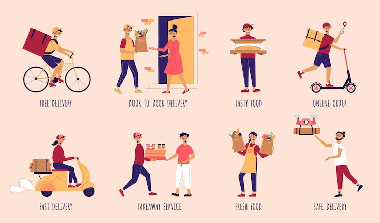 Vector conjunto de composición de entrega de alimentos
